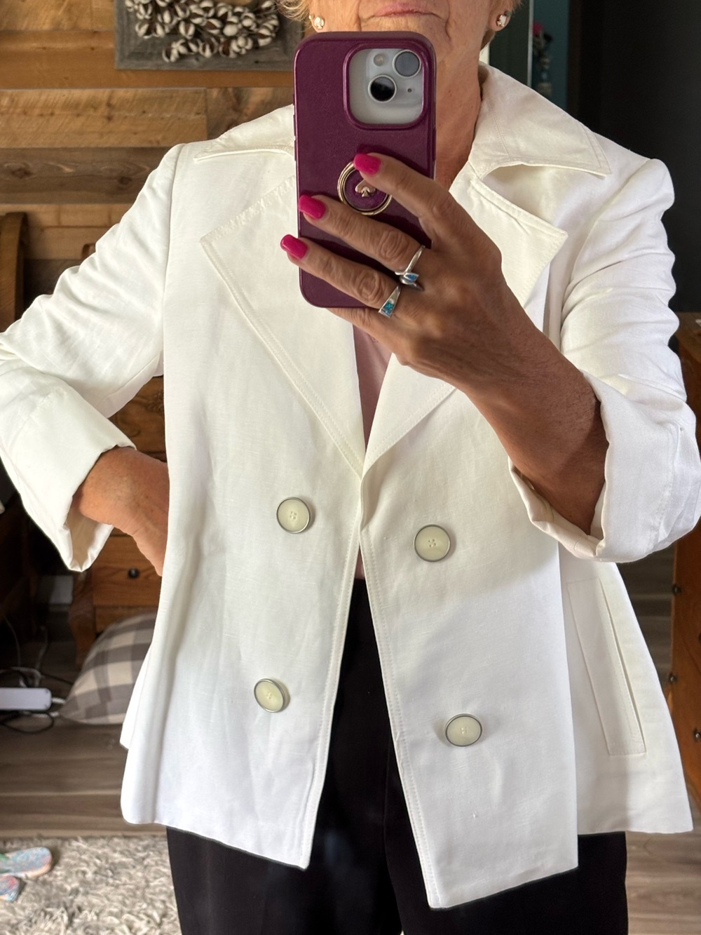 Women's White Linen Double-Breasted Blazer Jacket